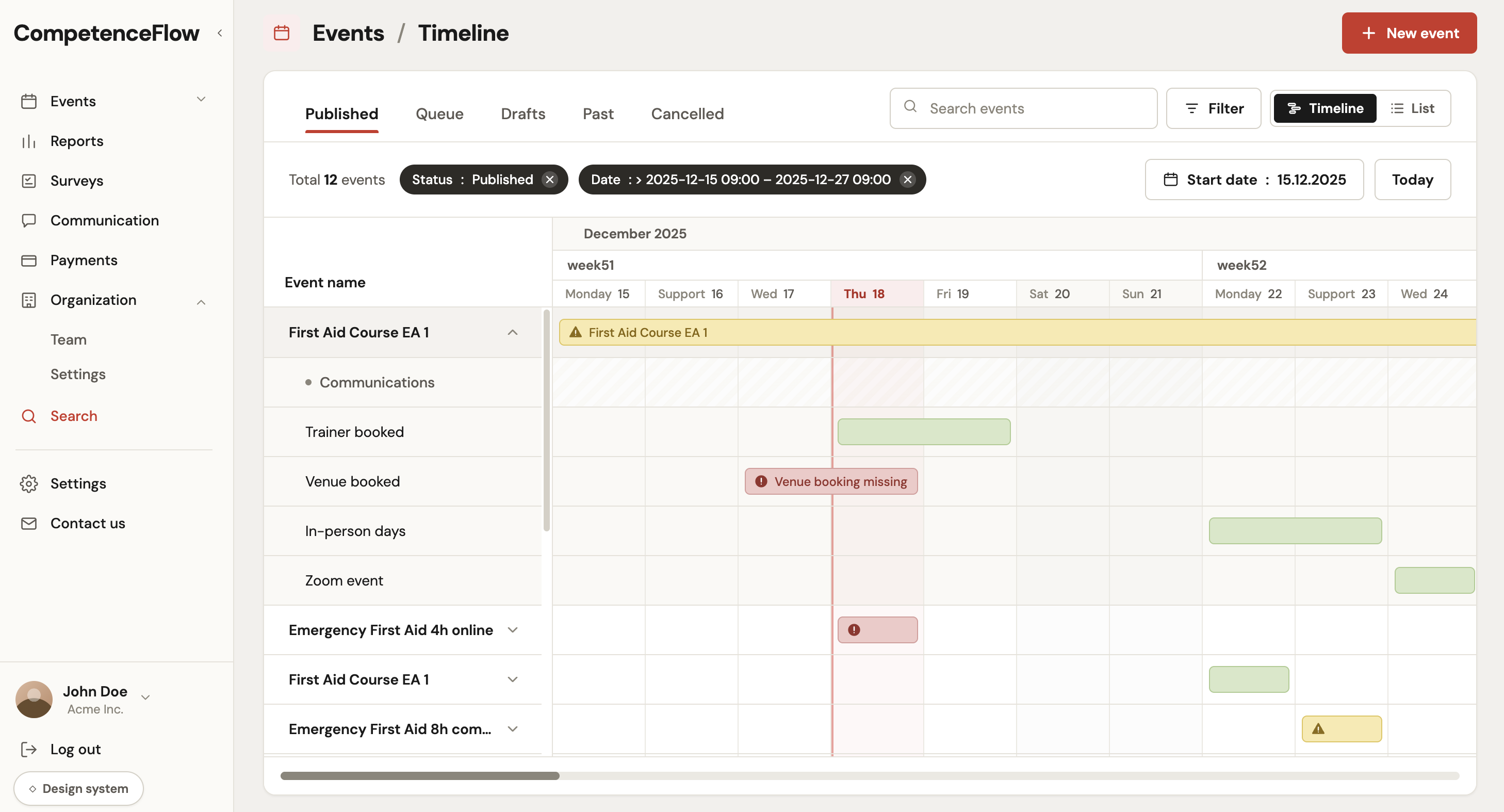 CompetenceFlow course timeline with published events, date filters, trainer booking, venue booking warnings, and delivery milestones