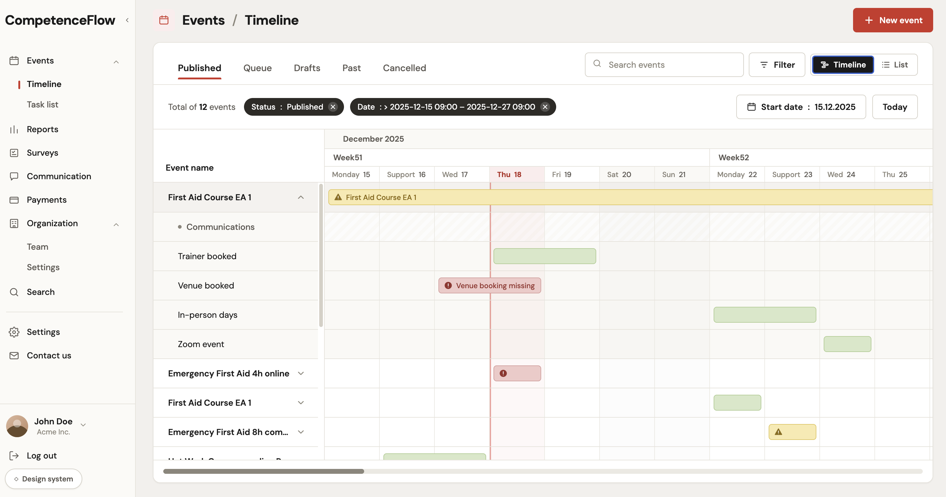 CompetenceFlow event timeline showing course planning tasks, trainer bookings, venue booking warnings, and scheduled in-person days